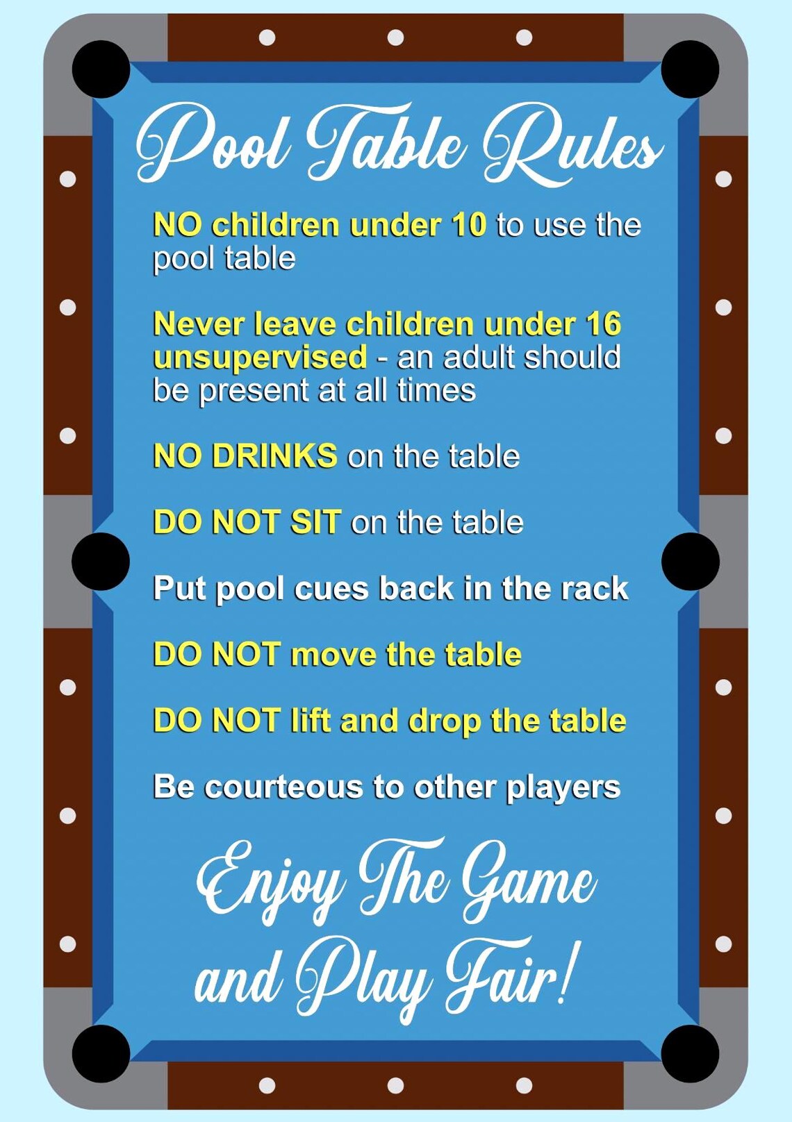 Pool Table Rules Billiards Rules Pub Club Etiquette Sign Notice Sticker ...
