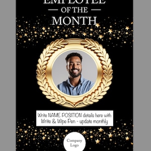 Peut inclure: Certificat noir et or de l'employé du mois. Le design présente une couronne de laurier dorée autour d'une photo, avec du texte en haut et en bas. Le texte comprend "EMPLOYEE OF THE MONTH".