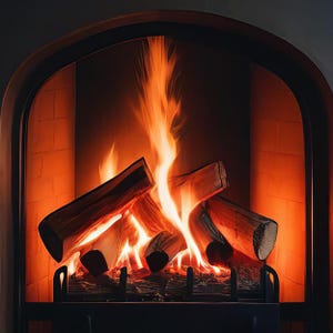 Può includere: Un camino con ceppi in fiamme. Le fiamme sono arancioni e gialle, e i ceppi sono marroni. Il camino è incorniciato da un arco scuro e pareti in mattoni, creando una scena calda e accogliente.