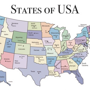 Affiche de différentes tailles, ressource pédagogique, carte des États-Unis des États-Unis, capitales des 50 États, géographie, mur d'apprentissage, école pour enfants