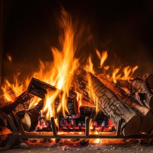 Könnte beinhalten: Ein Kamin mit einem lodernden Feuer. Holzscheite brennen mit hellen orangefarbenen und gelben Flammen. Die Holzscheite liegen auf einem Metallrost. Der Hintergrund ist dunkel.
