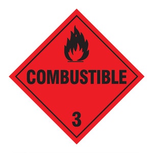 Op de afbeelding: Een rood, ruitvormig waarschuwingsbord met een zwart vlam symbool en de tekst "COMBUSTIBLE 3".