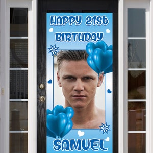 Personalised Blue Name Photo Any Age Text Bespoke Personalised Door Sign Banner Party is Here etc Birthday Event Banner Decor