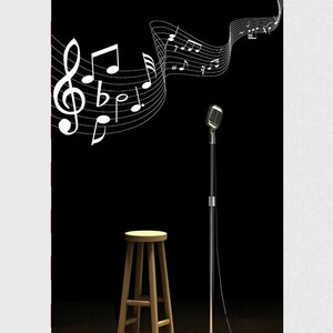 May include: A black and white banner with the text "OPEN MIC" and "With Any Text" in white. The banner features a microphone on a stand, a stool, and musical notes on a black background.