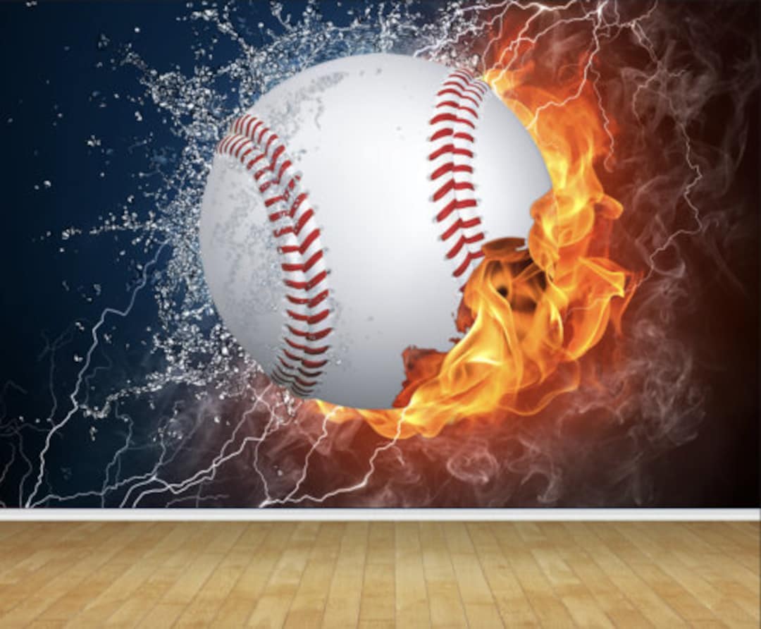Sports Baseball Flames Fire Wallpaper Mural for Bedroom Playroom Games