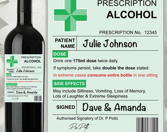 Bespoke Custom Names Text Personalised Prescription Wine Bottle Alcohol Bottle Adhesive Label Sticker Decal Present Gift Joke Novelty