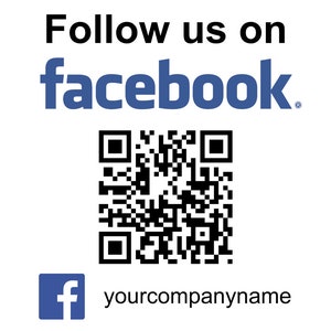 Op de afbeelding: Volg ons op facebook. Een zwart-witte QR-code met de tekst "yourcompanyname" eronder. Links van de tekst staat een blauw Facebook-logo.