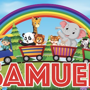 2 Sizes A0 & A1 Disney Kids Animal Train Zoo Train Personalised Name Poster Event Birthday Decor Decoration