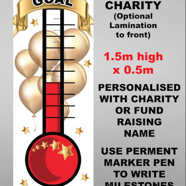 Personalised Bespoke Any Wording and Logo Wall Poster Charity Fundraising Thermometer Money Chart Showing Funds Raised To Show Progress