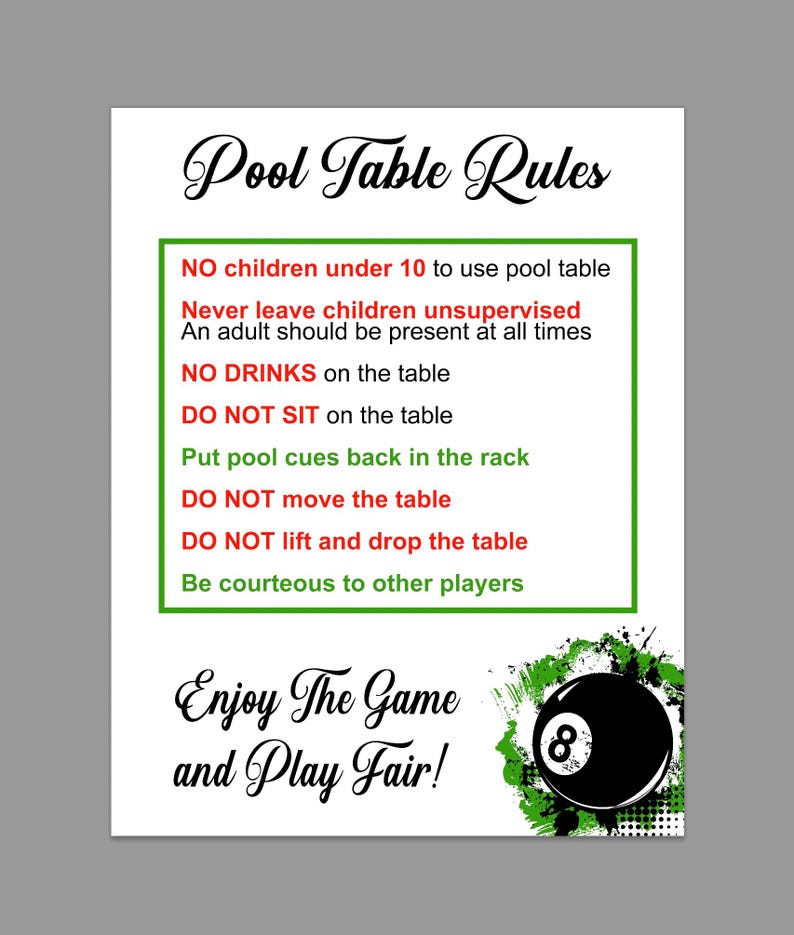Pool Table Rules Billiards Rules Pub Club Etiquette Sign Notice Sticker ...
