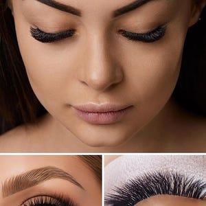 Può includere: Primo piano del viso di una donna con lunghe e scure extension ciglia. L'immagine include il testo "Eyelash Extensions Available Here Ask for Further Details". La parte inferiore dell'immagine mostra un primo piano di un occhio con extension e un primo piano delle extension.