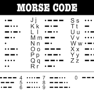 Op de afbeelding: Een zwart-wit diagram met het Morsecode-alfabet en -nummers. De titel "MORSE CODE" staat bovenaan. Elke letter en elk nummer wordt weergegeven met de bijbehorende punt-streepjesreeks.