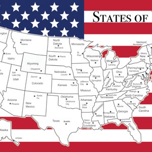 Affiche de différentes tailles, ressource pédagogique, carte des États-Unis des États-Unis, capitales des 50 États, géographie, mur d'apprentissage, école pour enfants