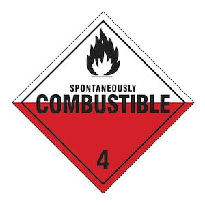 Op de afbeelding: Een rood, ruitvormig waarschuwingsbord met een zwart vlammensymbool en de tekst "SPONTANEOUSLY COMBUSTIBLE 4".
