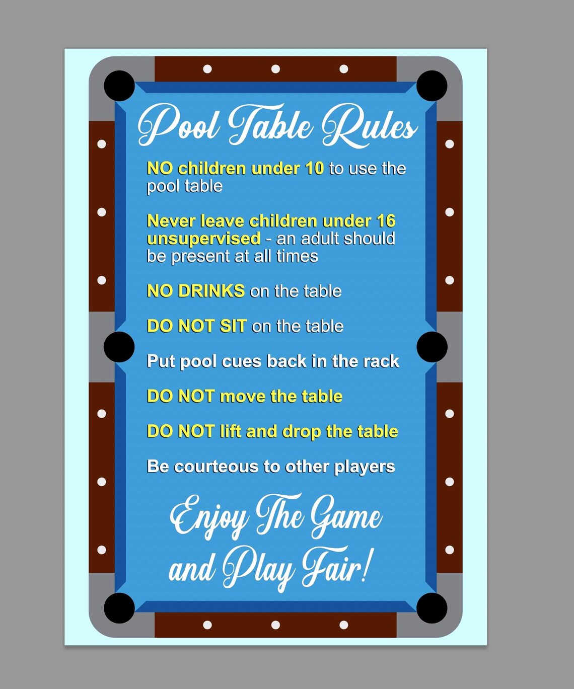 Pool Table Rules Billiards Rules Pub Club Etiquette Sign Notice Sticker ...