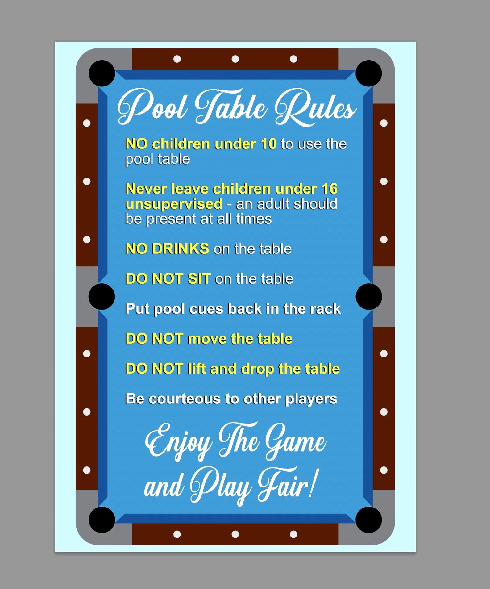 Pool Table Rules Billiards Rules Pub Club Etiquette Sign Notice Sticker ...