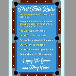 May include: A rectangular sign with a blue pool table design and the text "Pool Table Rules." The rules include age restrictions, no drinks, and other guidelines for fair play. The sign is framed in brown and gray.