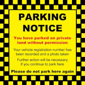 Set of 4 Yellow Official Sticker Decal Parking Notice Private Land Number Plate Taken Noted Future Action If Parked Again Notice Signs Sign