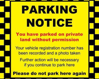 Set of 4 Yellow Official Sticker Decal Parking Notice Private Land Number Plate Taken Noted Future Action If Parked Again Notice Signs Sign