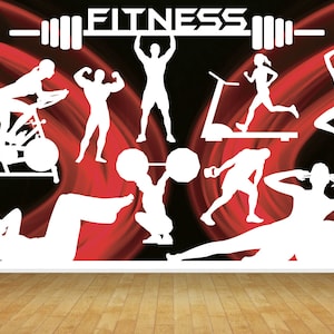 Gymnasium Gym Health Fitness Equipment Exercise Wallpaper Mural Gym Room Wall Large Printed Backdrop Decor Scene Setter Easy Installation
