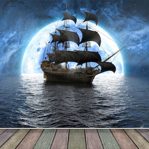May include: A wooden sailing ship with dark black sails floating on a dark ocean surface. The ship is positioned in front of a large, glowing blue full moon set against a starry night sky. The foreground features a horizontal wooden plank floor.