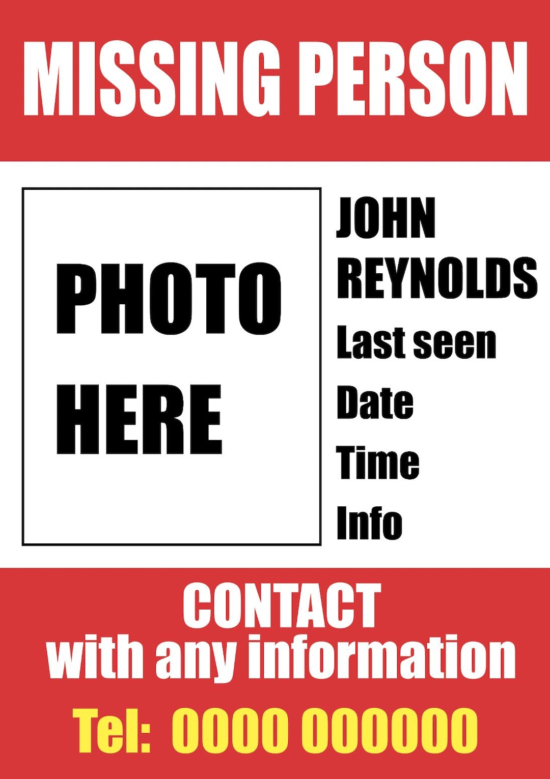 Missing Person Poster Sign Notice Personalised With Name Contact