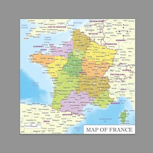 Peut inclure: Une carte politique colorée de la France présentant des régions distinctes dans des tons de jaune, vert, orange et violet. La carte affiche les grandes villes, les pays voisins et les étendues d'eau, avec une échelle de 200 kilomètres.