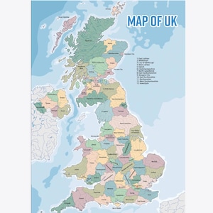 May include: A colorful map of the United Kingdom featuring pastel-shaded regions and counties. The title MAP OF UK is printed in bold blue text at the top right. A numbered list of thirteen specific Scottish council areas is included below the title.