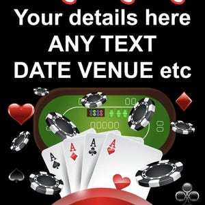 Può includere: Invito a una serata di poker con un tavolo da poker in feltro verde, carte da gioco e fiches da poker. Il testo recita "Poker Night", "I tuoi dettagli qui", "ANY TEXT", "DATE VENUE etc".
