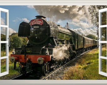 Flying Scotsman Steam Train Decal Adhesive Vinyl Sticker Magic Window Design 2 Sizes Poster Wall Design 1m Wide or 1.5m wide