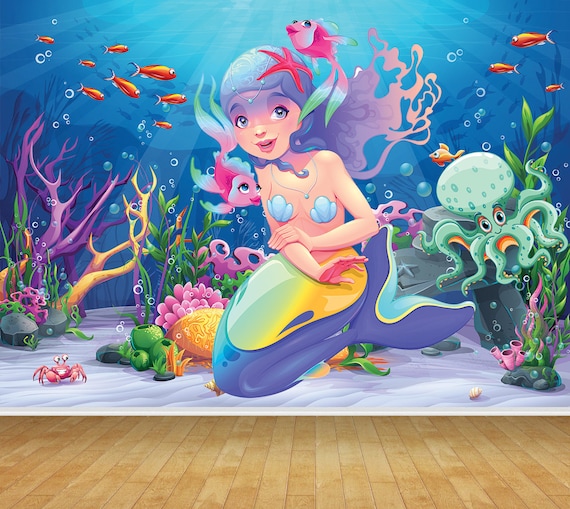 Mermaid Sea Ocean Underwater Fish Wallpaper Mural Bedroom Room Feature Wall  Backdrop Decor Scene Setter Easy Installation Pastable Paper