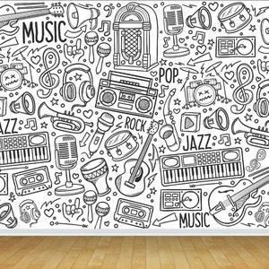 Modern Doodle Music Wallpaper Mural For Bedroom Playroom Music Kids Room Wall Decor Various Size Options Fit With Standard Wallpaper Paste