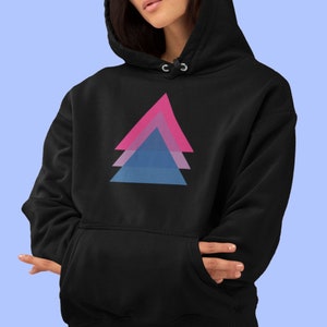May include: Black hoodie with a pink, blue, and purple triangle design.