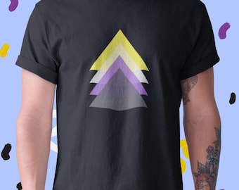 May include: A black t-shirt with a graphic of three stacked triangles in yellow, white, purple, and gray. The triangles are a symbol of non-binary identity.