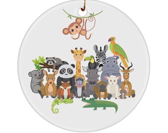 Custom Zoo animal, Double sided, keepsake, Ceramic ornament, Your verse on the back, Add name and date for baby
