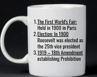 1900s History Coffee Mug, First World's Fair, Roosevelt Election, Prohibition, Funny gift