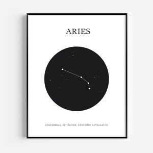 Aries Constellation Print, Printable Zodiac Sign Wall Art, Minimalist Modern Geometric Poster, Black and White Decour, Astrology, Stars