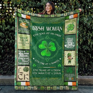 Irish Woman Blanket, The Soul Of An Angel, The Fire Of A Lioness, Patrick Celebration, Gift for Family, Shamrock Blanket, Green Clover Throw