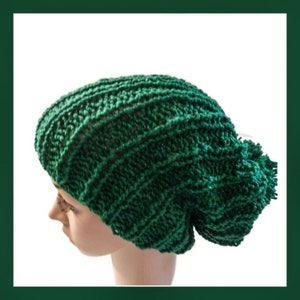 Hand Knitted Holiday Green Warm Beanie Slouch Ribbed Hat H3005 Ready to ship