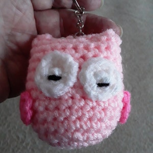 May include: A pink crocheted owl keychain with white eyes and pink ears.