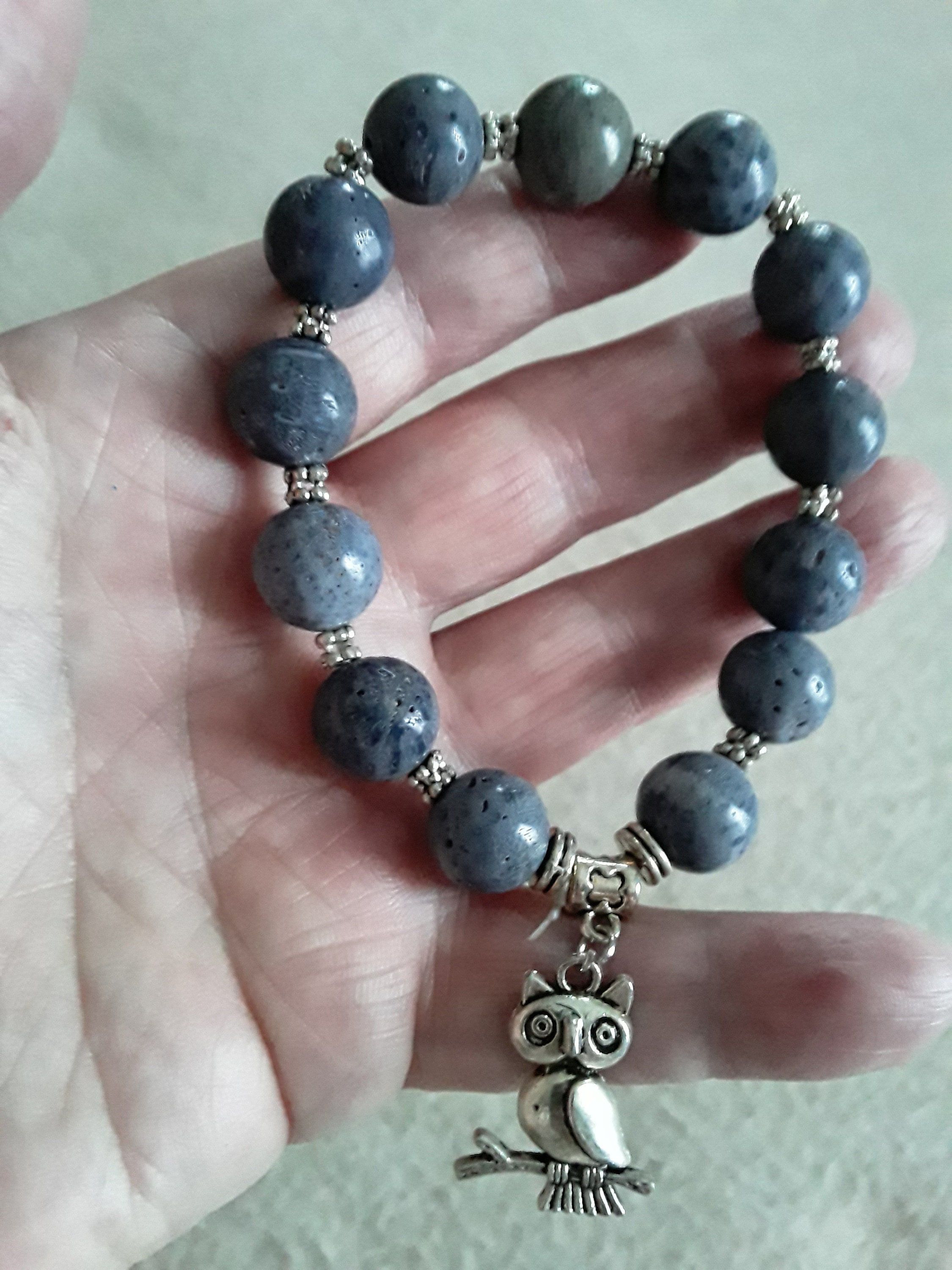 12mm Blue Coral Tibetan Sliver Owl Round Stretchy Bracelet SB516 ready to ship