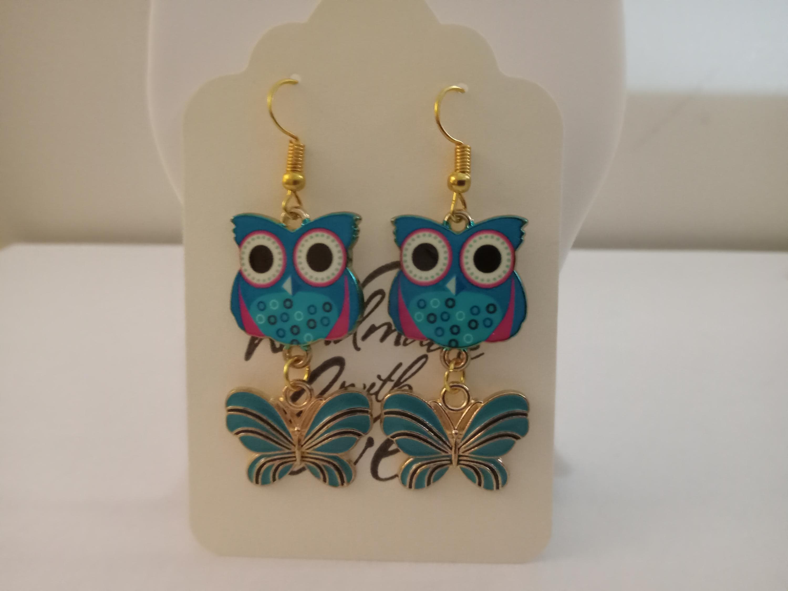 Owl and Butterfly enamel Drop earrings E601 Ready to ship