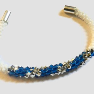 Kumihimo beaded bracelet in White, Blue and Silver OOAK B4455 Ready to ship