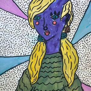 May include: An abstract illustration of a person with purple skin, yellow hair, and a green top. The background features a white dotted pattern with pink and blue geometric shapes. The person has a horn, earrings, and rosy cheeks.