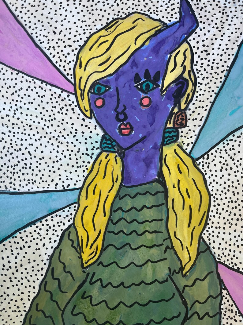May include: An abstract illustration of a person with purple skin, yellow hair, and a green top. The background features a white dotted pattern with pink and blue geometric shapes. The person has a horn, earrings, and rosy cheeks.