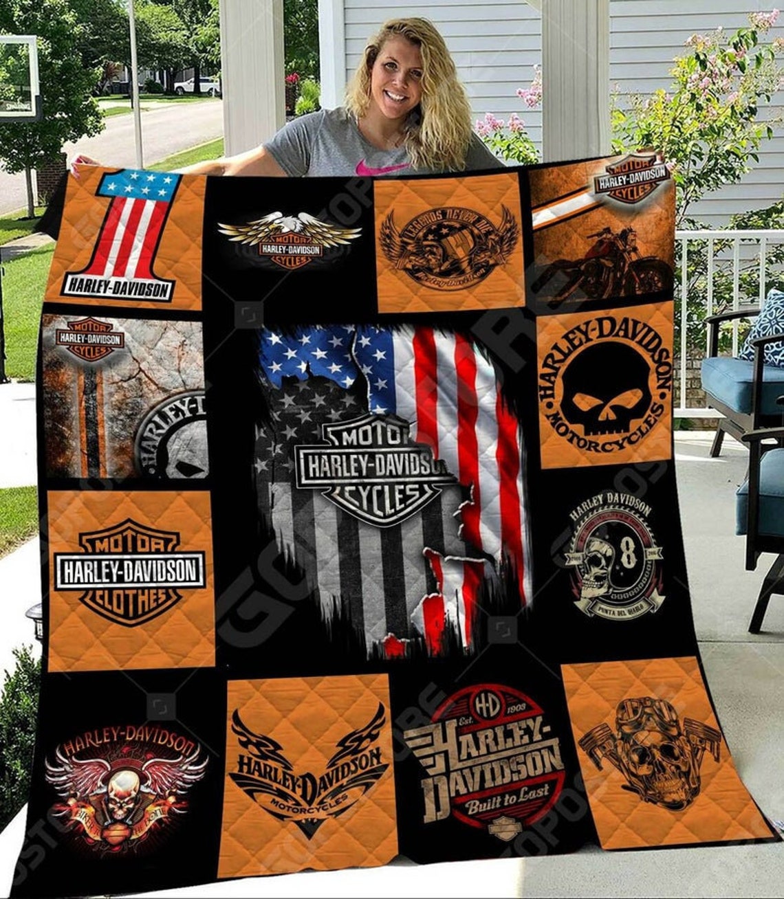 Love Motorcycle Harley Davidson Quilt Blanket Motorcycle Etsy