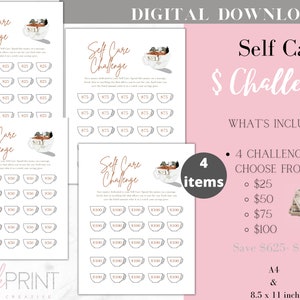 May include: Four printable self-care challenge cards with a cup of coffee illustration. Each card features a different amount of money to save, $25, $50, $75, and $100. The text "Self Care Challenge" is at the top of each card. The text "Save $625 - $2500" is at the bottom of the image.