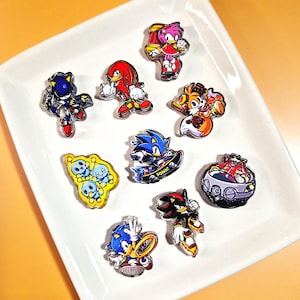 May include: A collection of nine acrylic pins featuring various Sonic the Hedgehog characters including Sonic, Tails, Knuckles, Amy, Shadow, Metal Sonic, Dr. Eggman, and Chao. Each pin displays vibrant colors and distinct character poses on a white tray.