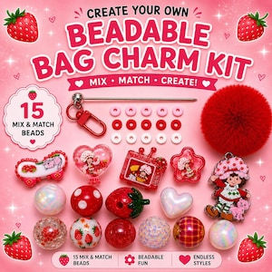 DIY Beadable Bag Charm Kit, Retro Strawberry Character, Mix & Match Beads, Kawaii Purse Charm