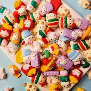 Kawaii Kitty Food Charms – 10pc Set | Cute Flatback Charms – Burger, Cookie, Cheese, Mochi & More for Decoden, DIY Crafts, Phone Cases